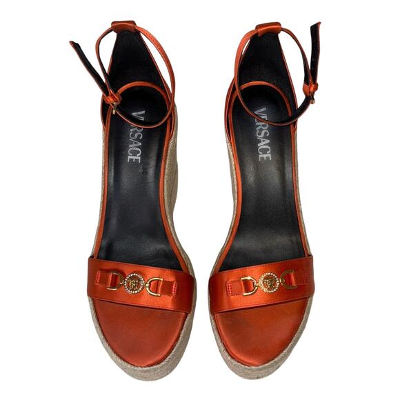 Versace Medusa Orange Coral Satin Espadrille Platform Wedge Sandals Size 41 - Picture 4 of 16